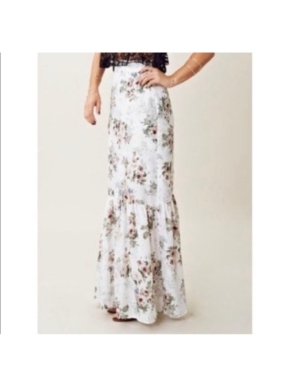 For Love & Lemons Floral Maxi Skirt, Size S, White and Brown